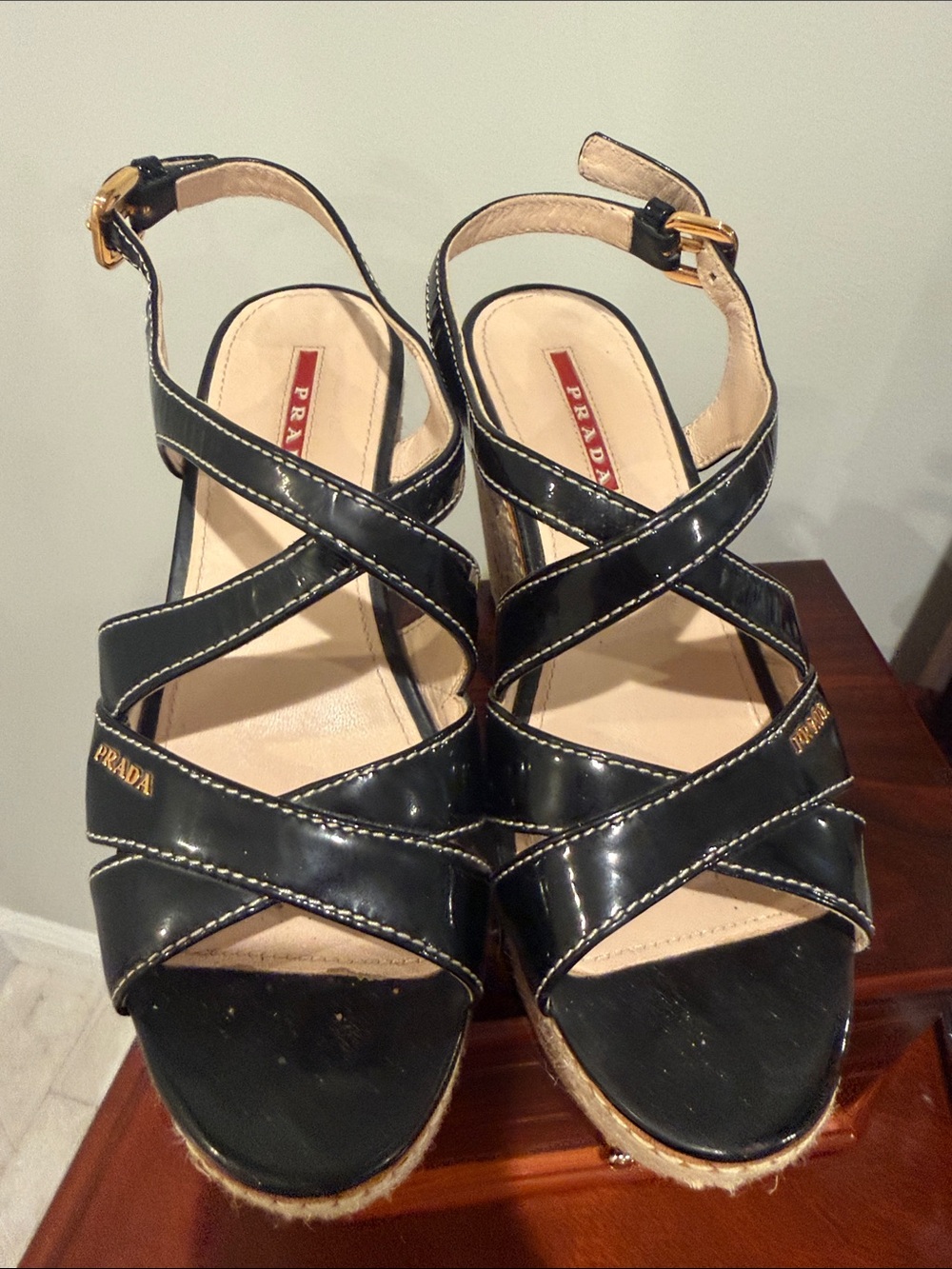 Prada Black Patent Leather Crisscross Espadrille Wedge Sandals with Gold Buckles